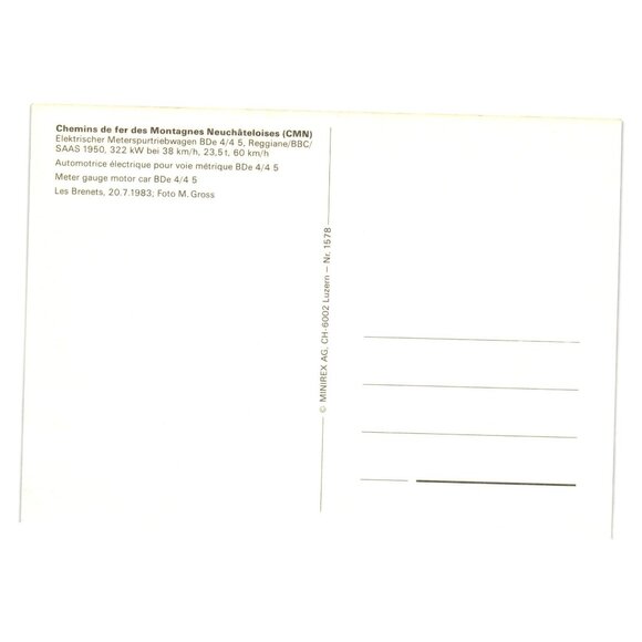 Chemins Fer Des Montagnes Neuchâteloises CMN Postcard Electric Train BDe 4/4 5 - Picture 2 of 2